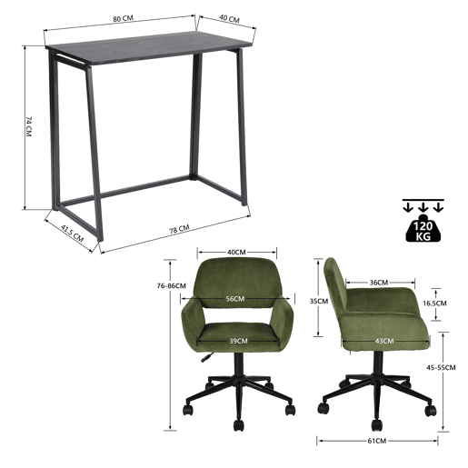 Conjunto De Secretária Dobrável Preta E Cadeira De Escritório Verde Em Veludo Com Altura Ajustável E Rotação 360 Graus, Design Moderno E Compacto Para Teletrabalho Ou Estudo Em Espaços Pequenos