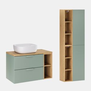 Conjunto móvel lavatório individual 80cm 2 nichos e coluna Oria Verde mate