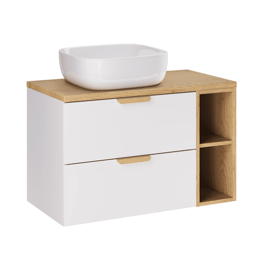 Conjunto móvel toucador simples 80cm 2 nichos e coluna Oria Branco mate