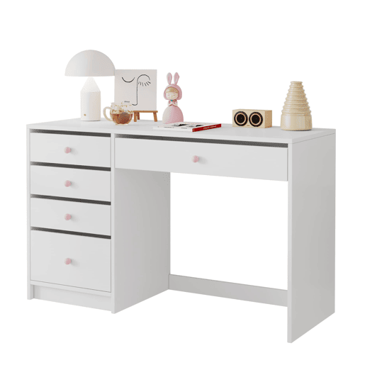 Secretária infantil 120x45x74 cm - 5 gavetas com puxadores em cerâmica rosa - branco Secretária infantil 120x45x74 cm - 5 gavetas com puxadores em cerâmica rosa - branco