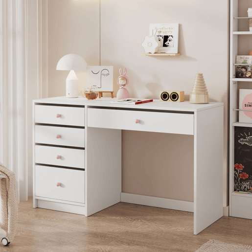 Secretária infantil 120x45x74 cm - 5 gavetas com puxadores em cerâmica rosa - branco Secretária infantil 120x45x74 cm - 5 gavetas com puxadores em cerâmica rosa - branco