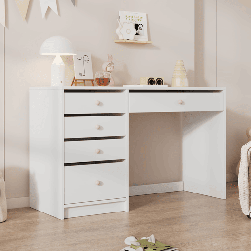 Secretária infantil 120x45x74 cm - 5 gavetas com puxadores em cerâmica rosa - branco Secretária infantil 120x45x74 cm - 5 gavetas com puxadores em cerâmica rosa - branco