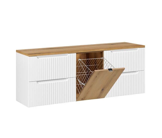 Mueble bajo lavabo riva 160cm blanco y madera con cesto para ropa sucia