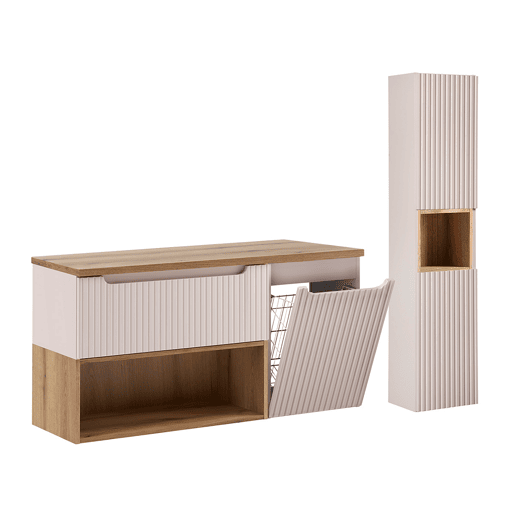 Conjunto móvel lavatório 120cm cesto roupa coluna Riva Caxemira madeira