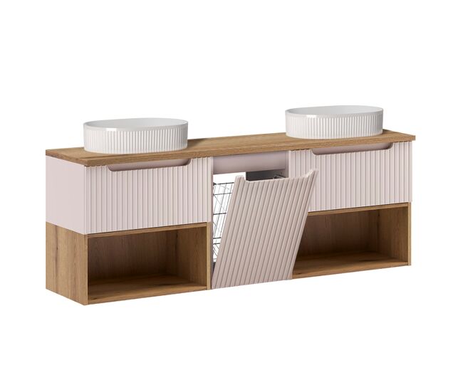 Lavabo doble de 160 cm con cesta de lavandería riva cashmere y nicho wood