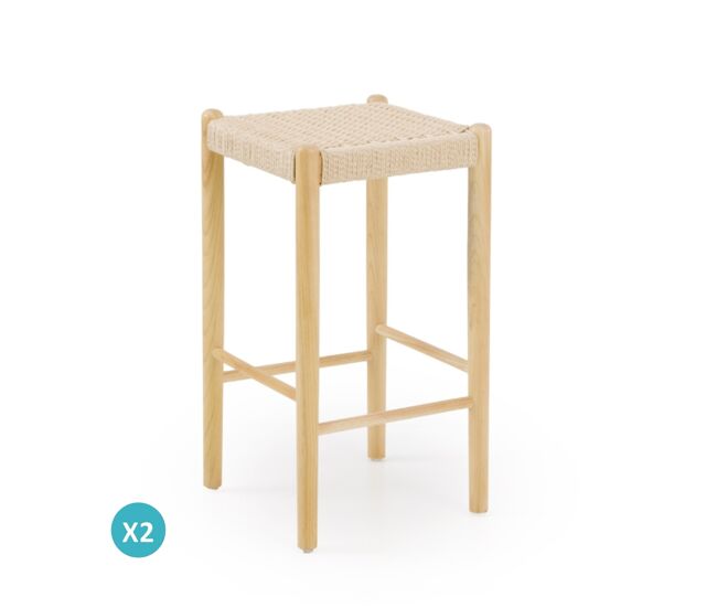 Pack 2 taburetes madera de fresno natural con asiento trenzado
