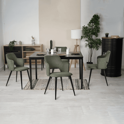 Mesa Jantar Extensível Preta com 4 Cadeiras Verdes Estofadas Estrutura Metálica Conjunto De Jantar 5 Peças Design Moderno