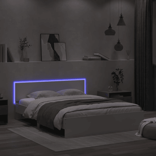 Estrutura de Cama de casal simple com cabeceira e luzes LED 160x200 cm branco