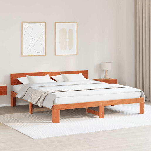 Estrutura de cama de casal simple com cabeceira - Marrom Cera 200 x 200 cm