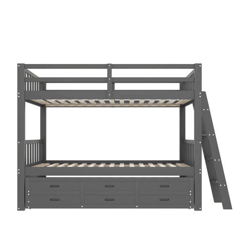 Litera 90x200cm - Cama infantil, cama tipo casa, estrutura em pinho e MDF com escada e cama extraível com 3 gavetas - Cinza