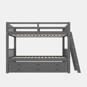 Litera 90x200cm - Cama infantil, cama tipo casa, estrutura em pinho e MDF com escada e cama extraível com 3 gavetas - Cinza