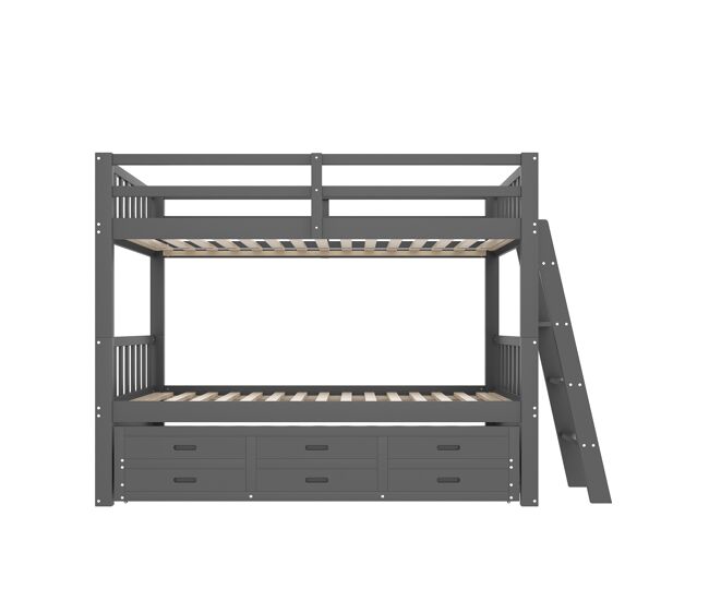Litera 90x200cm - cama infantil, cama tipo casa, estructura de pino y mdf con escalera y cama extraíble con 3 cajones - gris