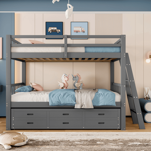 Litera 90x200cm - Cama infantil, cama tipo casa, estrutura em pinho e MDF com escada e cama extraível com 3 gavetas - Cinza