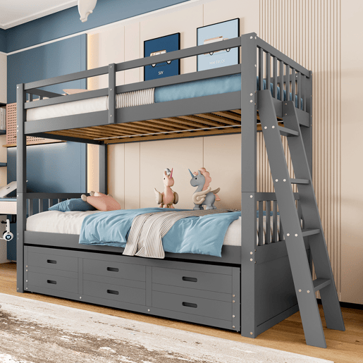 Litera 90x200cm - Cama infantil, cama tipo casa, estrutura em pinho e MDF com escada e cama extraível com 3 gavetas - Cinza
