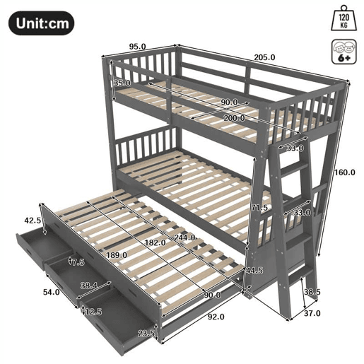 Litera 90x200cm - Cama infantil, cama tipo casa, estrutura em pinho e MDF com escada e cama extraível com 3 gavetas - Cinza