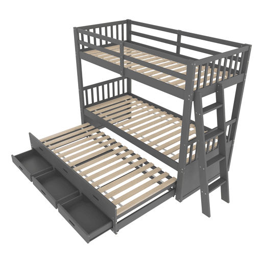 Litera 90x200cm - Cama infantil, cama tipo casa, estrutura em pinho e MDF com escada e cama extraível com 3 gavetas - Cinza