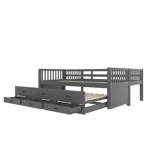 Litera 90x200cm - Cama infantil, cama tipo casa, estrutura em pinho e MDF com escada e cama extraível com 3 gavetas - Cinza