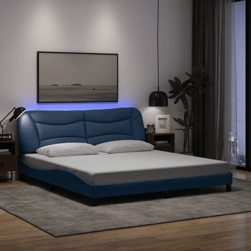 Estrutura de Cama de casal moderno com LED - 180x200 cm tecido azul