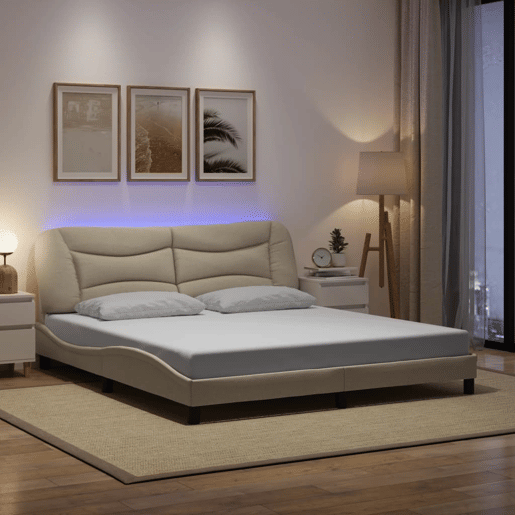 Estrutura de Cama de casal moderno com LED - 180x200 cm tecido creme