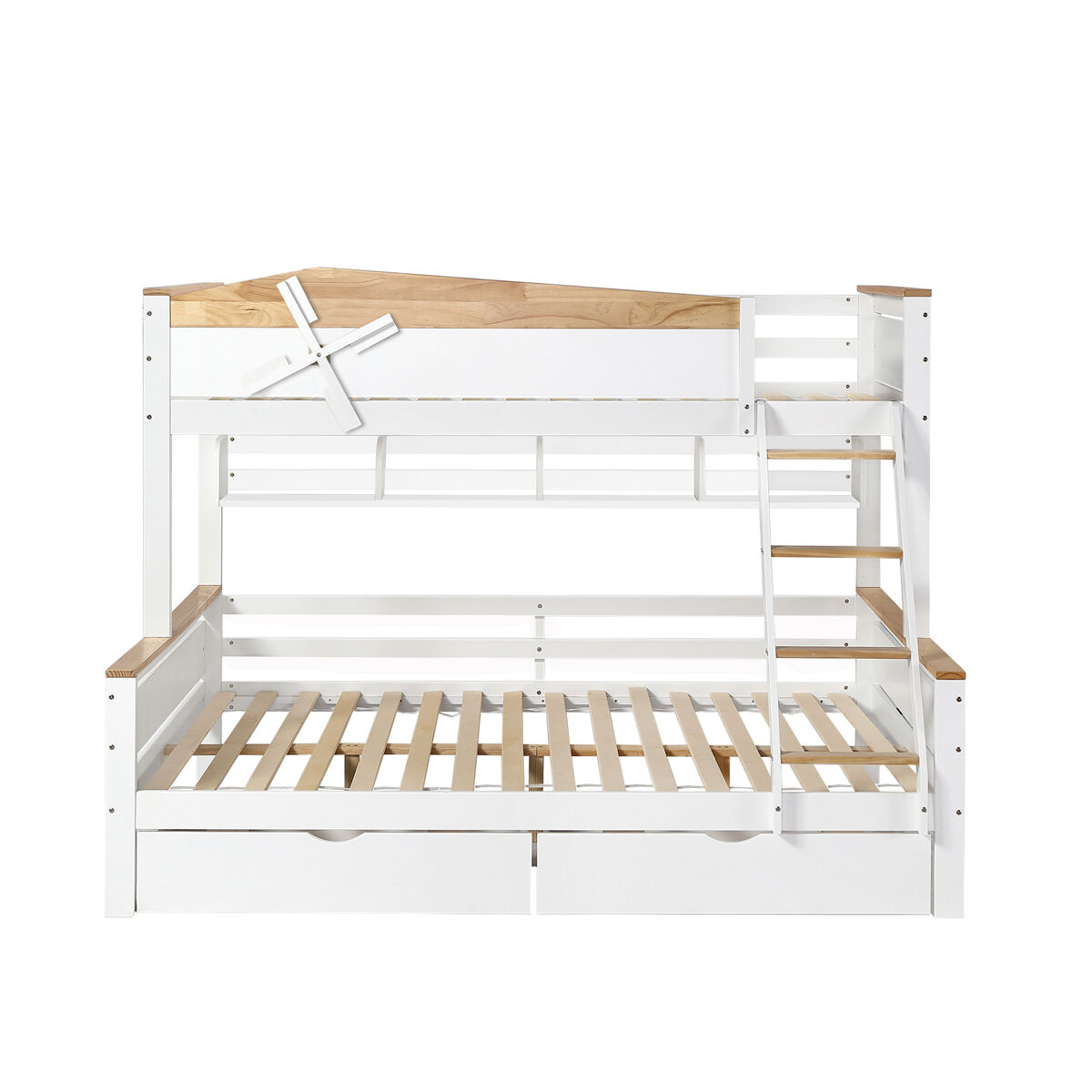 Litera 90x200cm y 140x200cm - con escalera, estantes y 2 cajones - madera de pino y mdf - blanco