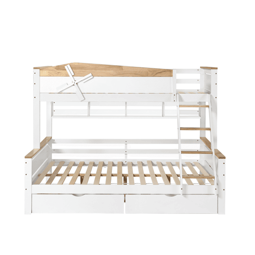 Beliche 90x200cm e 140x200cm - com escada, prateleiras e 2 gavetas - madeira de pinho e MDF - Branco Beliche 90x200cm e 140x200cm - com escada, prateleiras e 2 gavetas - madeira de pinho e MDF - Branco