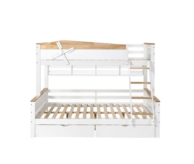 Litera 90x200cm y 140x200cm - con escalera, estantes y 2 cajones - madera de pino y mdf - blanco