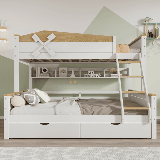 Beliche 90x200cm e 140x200cm - com escada, prateleiras e 2 gavetas - madeira de pinho e MDF - Branco Beliche 90x200cm e 140x200cm - com escada, prateleiras e 2 gavetas - madeira de pinho e MDF - Branco
