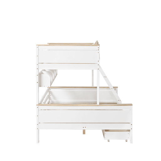 Beliche 90x200cm e 140x200cm - com escada, prateleiras e 2 gavetas - madeira de pinho e MDF - Branco Beliche 90x200cm e 140x200cm - com escada, prateleiras e 2 gavetas - madeira de pinho e MDF - Branco