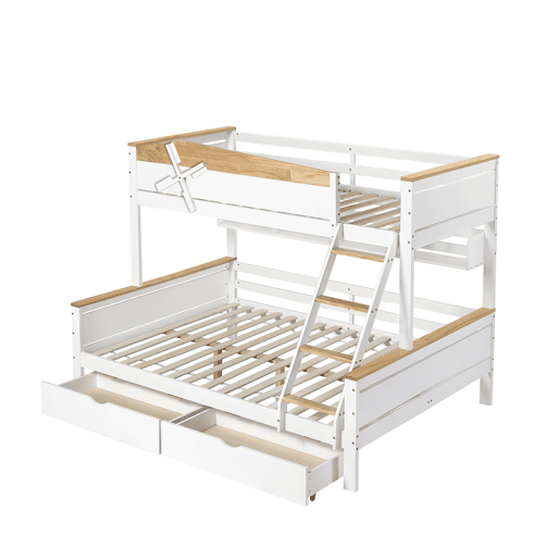 Beliche 90x200cm e 140x200cm - com escada, prateleiras e 2 gavetas - madeira de pinho e MDF - Branco Beliche 90x200cm e 140x200cm - com escada, prateleiras e 2 gavetas - madeira de pinho e MDF - Branco