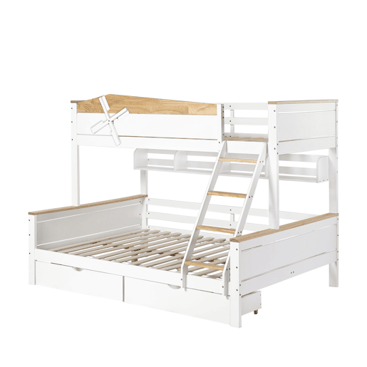 Beliche 90x200cm e 140x200cm - com escada, prateleiras e 2 gavetas - madeira de pinho e MDF - Branco Beliche 90x200cm e 140x200cm - com escada, prateleiras e 2 gavetas - madeira de pinho e MDF - Branco
