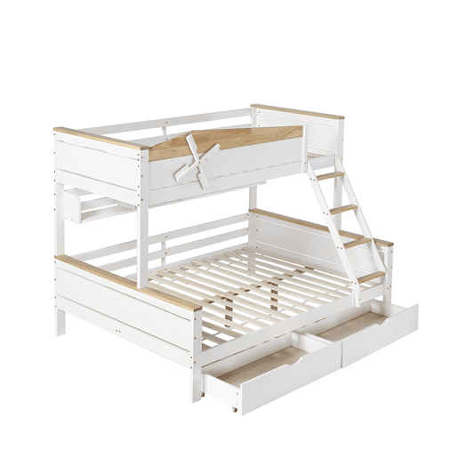 Beliche 90x200cm e 140x200cm - com escada, prateleiras e 2 gavetas - madeira de pinho e MDF - Branco Beliche 90x200cm e 140x200cm - com escada, prateleiras e 2 gavetas - madeira de pinho e MDF - Branco