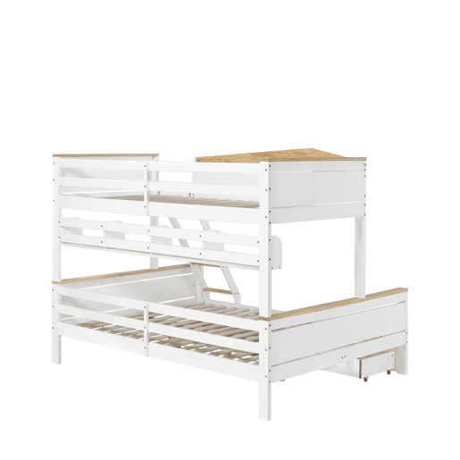 Beliche 90x200cm e 140x200cm - com escada, prateleiras e 2 gavetas - madeira de pinho e MDF - Branco Beliche 90x200cm e 140x200cm - com escada, prateleiras e 2 gavetas - madeira de pinho e MDF - Branco