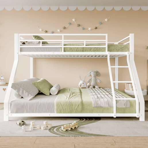 Cama beliche, 90200 cm + 140200 cm - Com grade, escada, certificado EN747, sem colchão - Branco