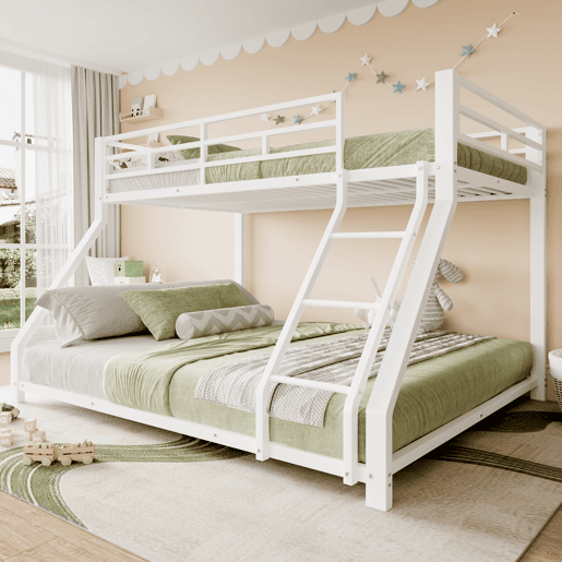 Cama beliche, 90200 cm + 140200 cm - Com grade, escada, certificado EN747, sem colchão - Branco