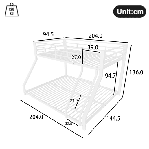 Cama beliche, 90200 cm + 140200 cm - Com grade, escada, certificado EN747, sem colchão - Branco