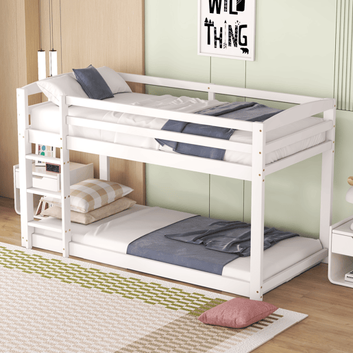Beliche em pinho com barreiras anti-queda + escada - 90x200cm - Branco
