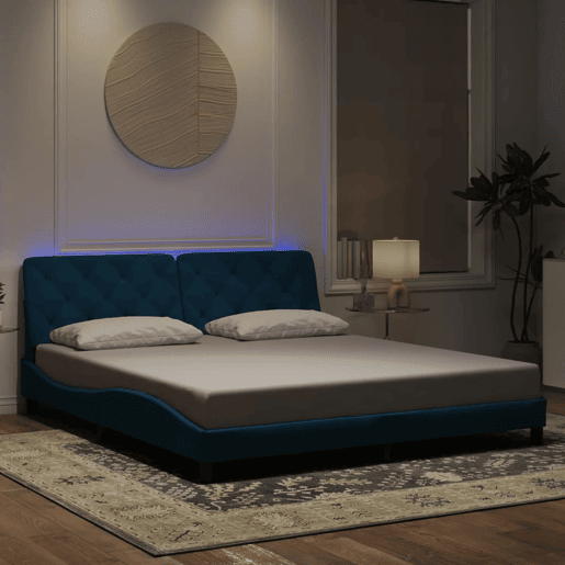 Estrutura de Cama de casal moderno com LED sem colchão 180x200 cm veludo azul