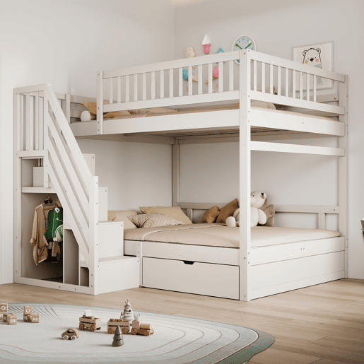 Cama beliche 140*200 cm - Com grade de segurança alta, com estrado, escada de segurança com arrumação, com gavetas de arrumação - Branco