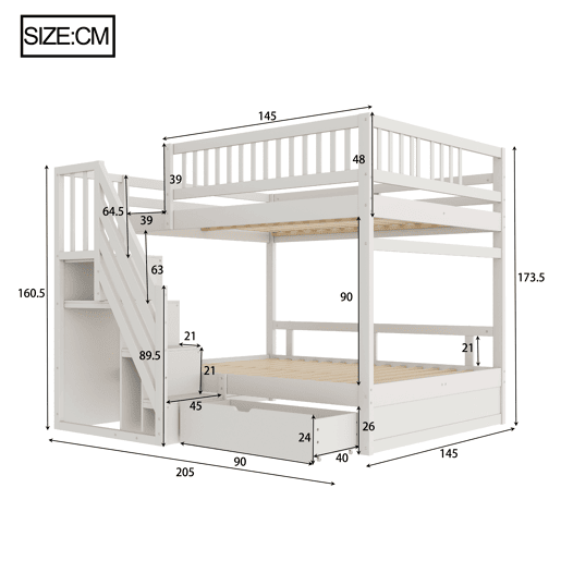 Cama beliche 140*200 cm - Com grade de segurança alta, com estrado, escada de segurança com arrumação, com gavetas de arrumação - Branco