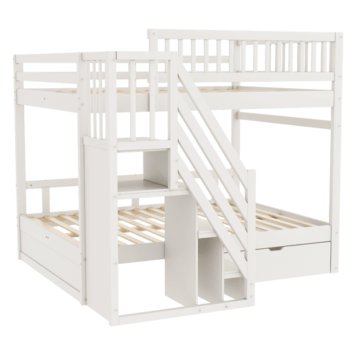 Cama beliche 140*200 cm - Com grade de segurança alta, com estrado, escada de segurança com arrumação, com gavetas de arrumação - Branco
