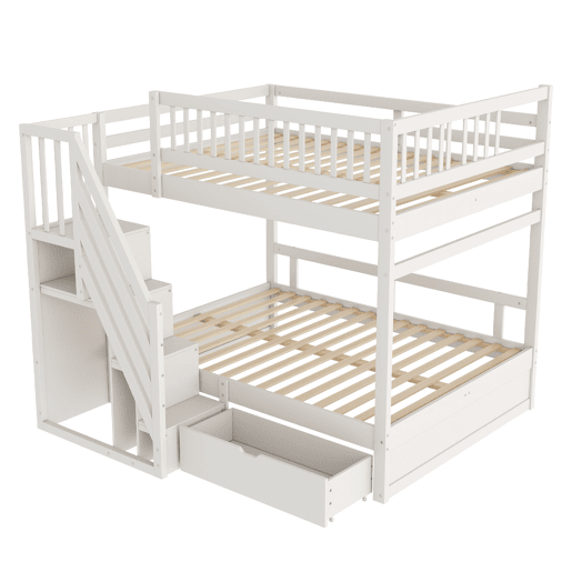 Cama beliche 140*200 cm - Com grade de segurança alta, com estrado, escada de segurança com arrumação, com gavetas de arrumação - Branco