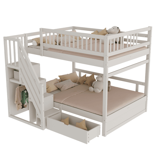 Cama beliche 140*200 cm - Com grade de segurança alta, com estrado, escada de segurança com arrumação, com gavetas de arrumação - Branco