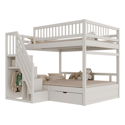 Cama beliche 140*200 cm - Com grade de segurança alta, com estrado, escada de segurança com arrumação, com gavetas de arrumação - Branco