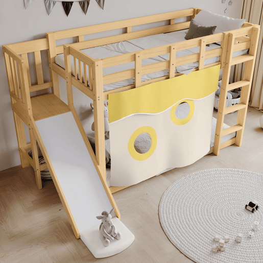 Beliche infantil 90x200 cm - com escada, grade, cortina, escorregador, proteção contra quedas - Natural