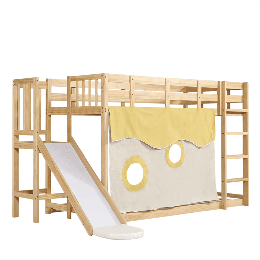 Beliche infantil 90x200 cm - com escada, grade, cortina, escorregador, proteção contra quedas - Natural