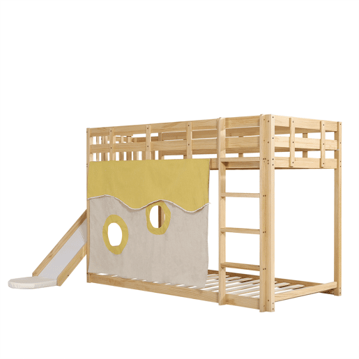 Beliche infantil 90x200 cm - com escada, grade, cortina, escorregador, proteção contra quedas - Natural