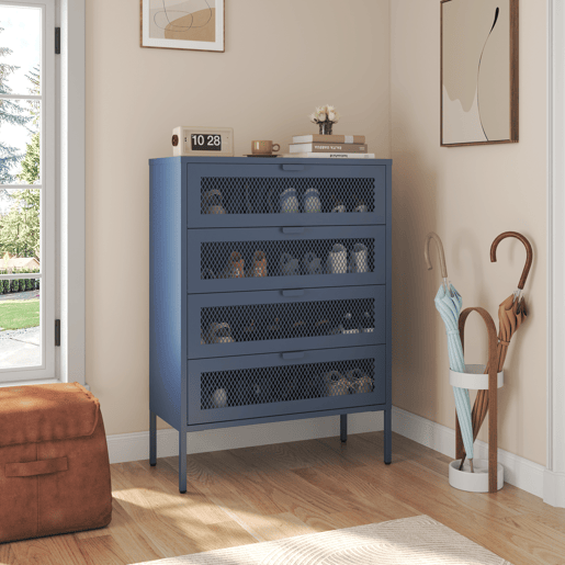 Sapateira EMMA de 4 portas em metal azul-cinzento