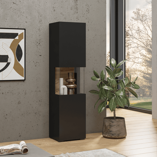 Vitrina Glora de 1 porta, preto e madeira