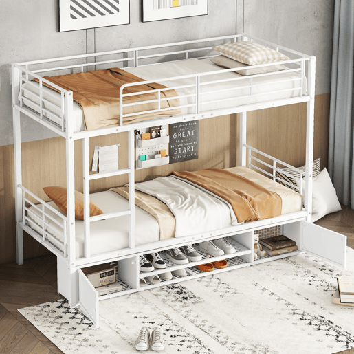 Beliche de ferro 90x200 cm - com sapateira e escada - Branco