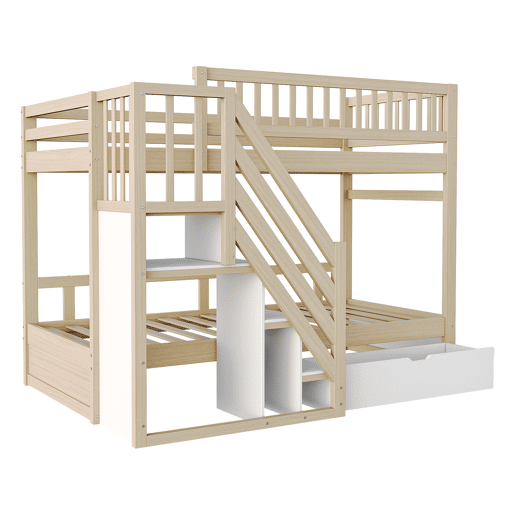 Cama alta em madeira 90*200 cm - Com grade de segurança alta, com estrado, escada com arrumação, com gavetas, cama infantil juvenil - Madeira natural e branca